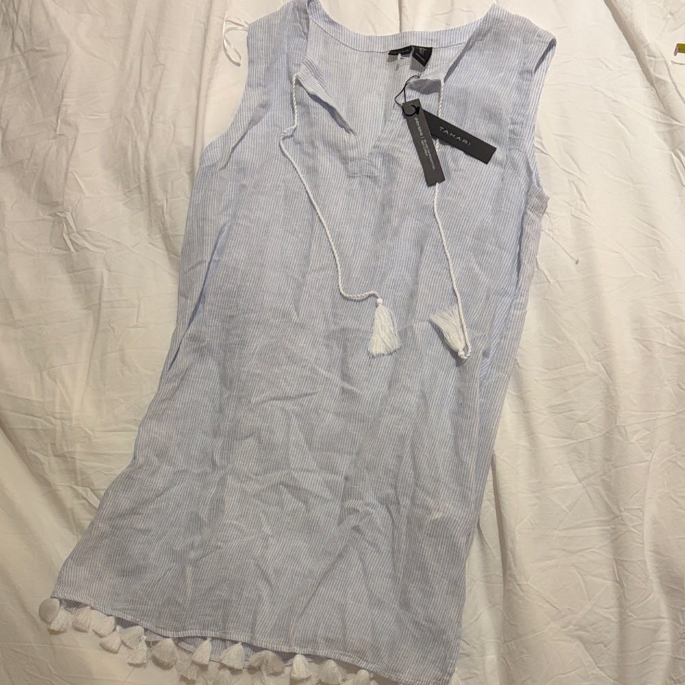 Tahari Blue and White Linen Blend Dress